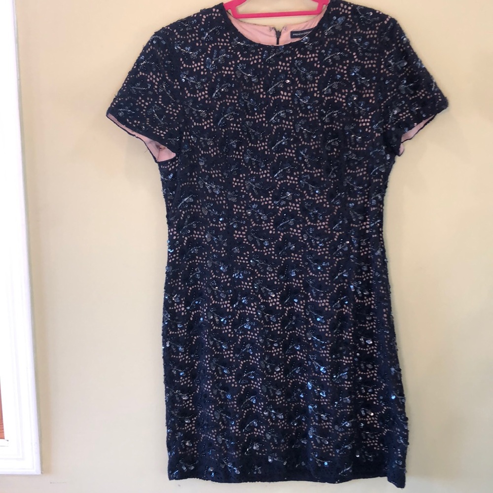 French Connection Navy over tan sequin dress.